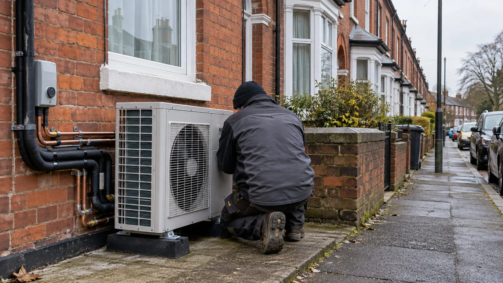 An installer checks an air-source heat pump beside a terraced home in Birmingham, England. (AI-generated image / EconoTimes)