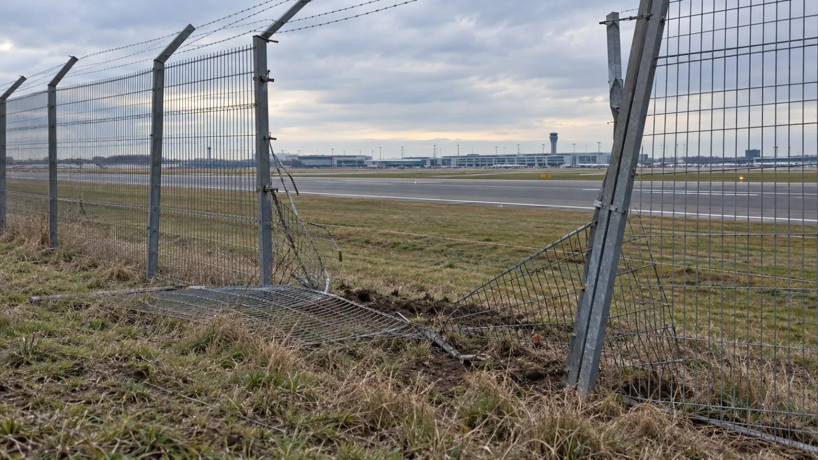 A damaged perimeter fence borders Leipzig/Halle Airport's north runway in Schkeuditz, Germany. (AI-generated image / EconoTimes)