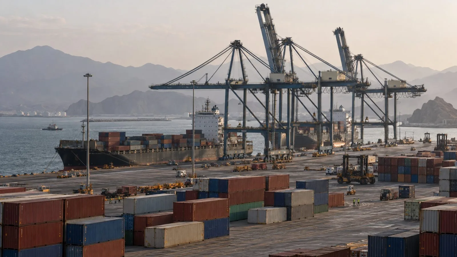 Container cranes and freight stacks line the harbor at Fujairah, United Arab Emirates. (AI-generated image / EconoTimes)