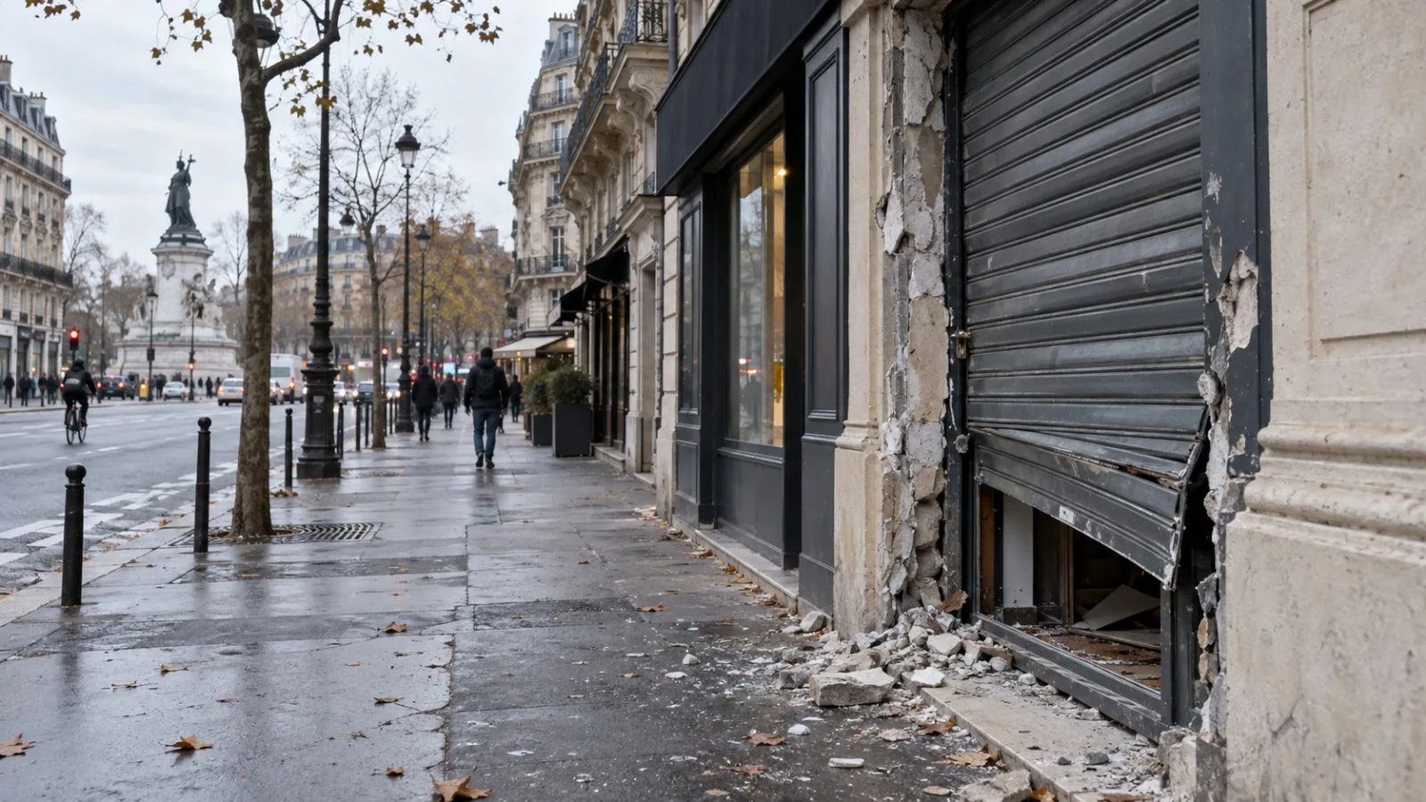 A damaged storefront faces a quiet street near Place de la République in Paris. (AI-generated image / EconoTimes)