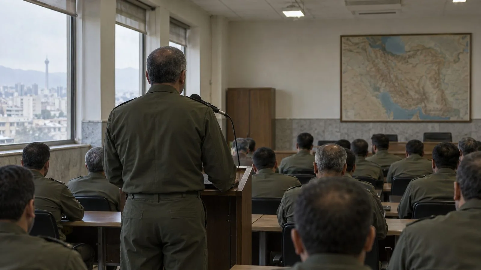 An anonymous officer stands at a microphone inside an Iranian Army briefing room in Tehran. (AI-generated image / EconoTimes)