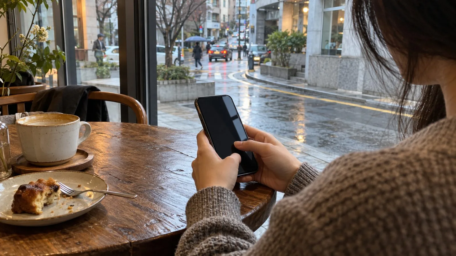A customer checks a smartphone beside a cafe window in Seoul, South Korea (AI-generated image / EconoTimes)