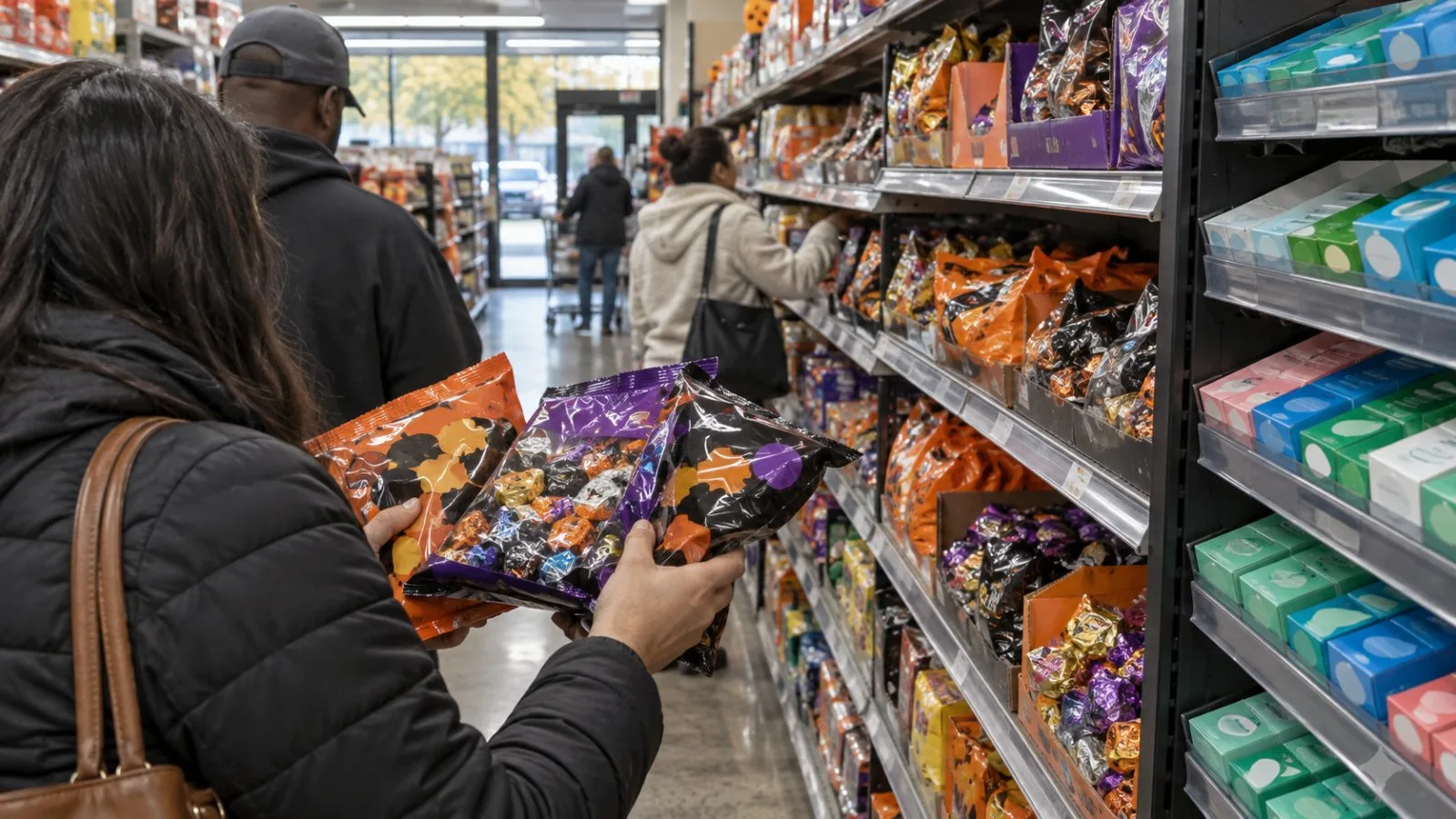 Shoppers compare chocolate candy bags in a Washington, D.C., supermarket before Halloween. (AI-generated image / EconoTimes)