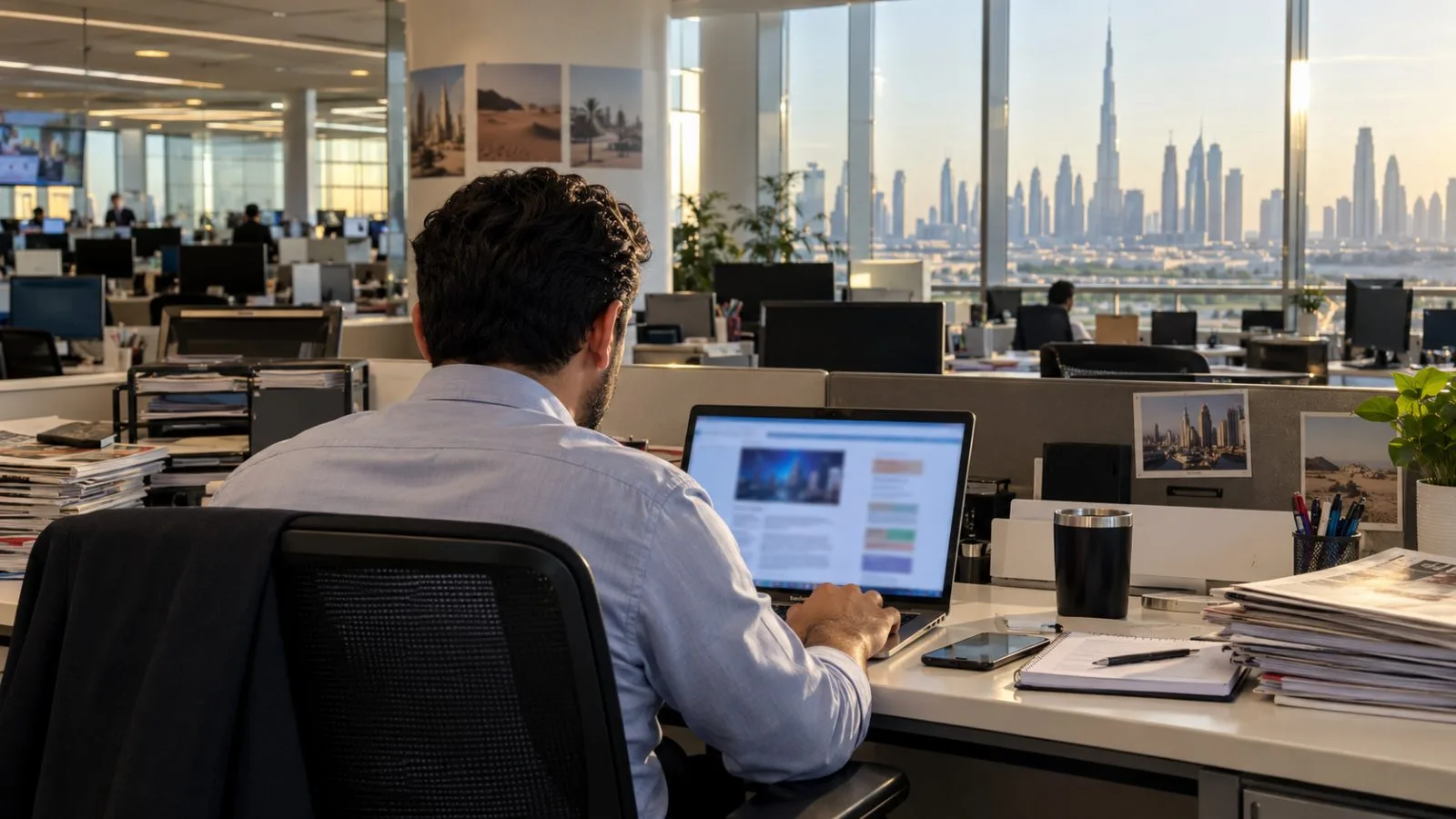 An editor reviews a commentary on a laptop inside a Dubai newsroom. (AI-generated image / EconoTimes)