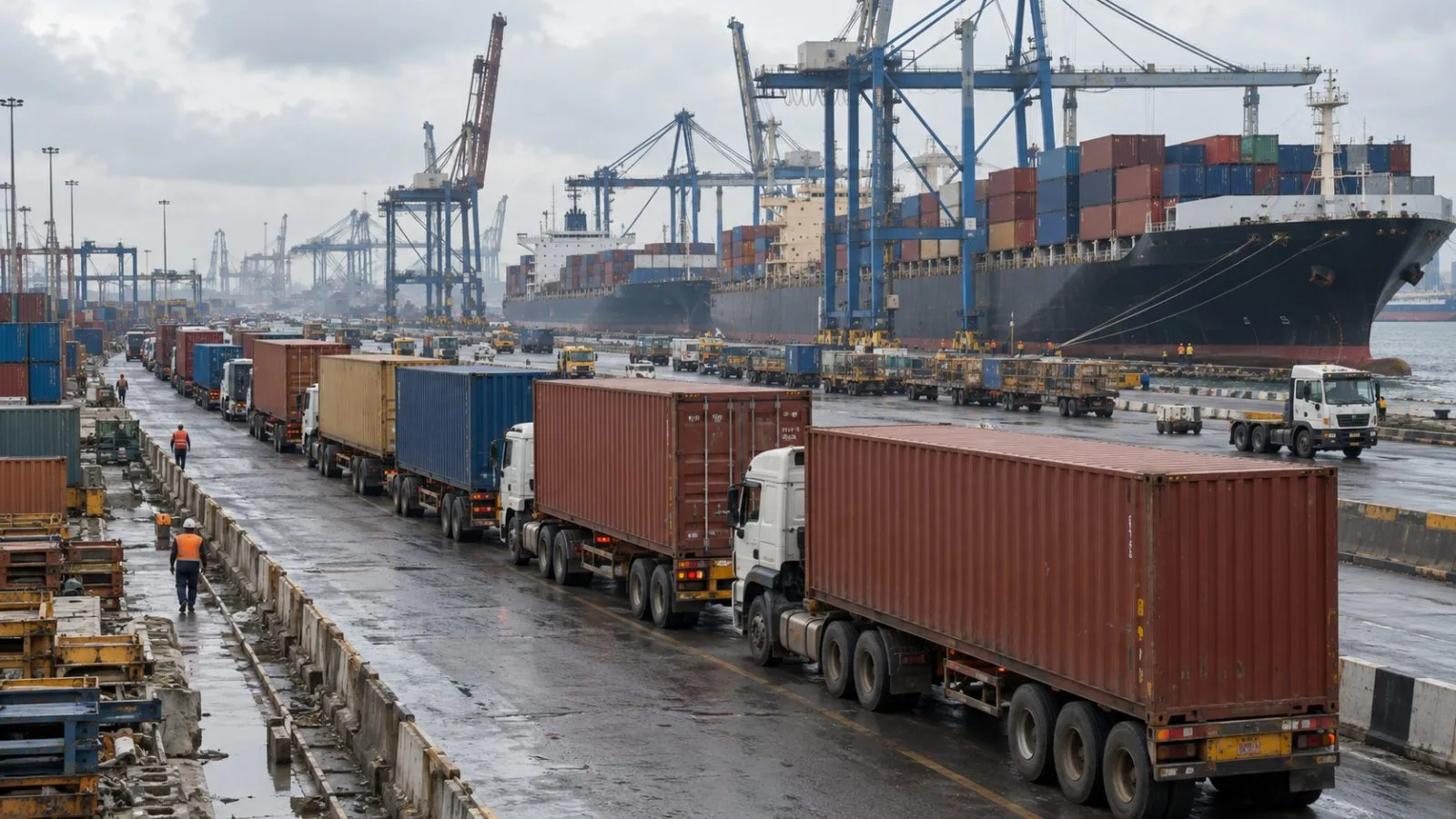Container trucks queue beside cargo vessels at Apapa Port in Lagos, Nigeria (AI-generated image / EconoTimes)