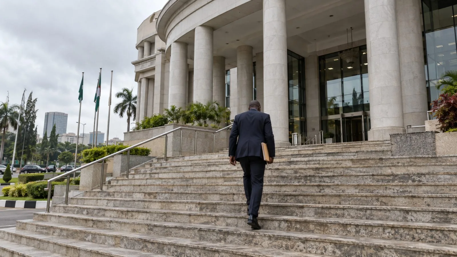 A person carries a document folder up the steps of the ECOWAS Court in Abuja, Nigeria. (AI-generated image / EconoTimes)