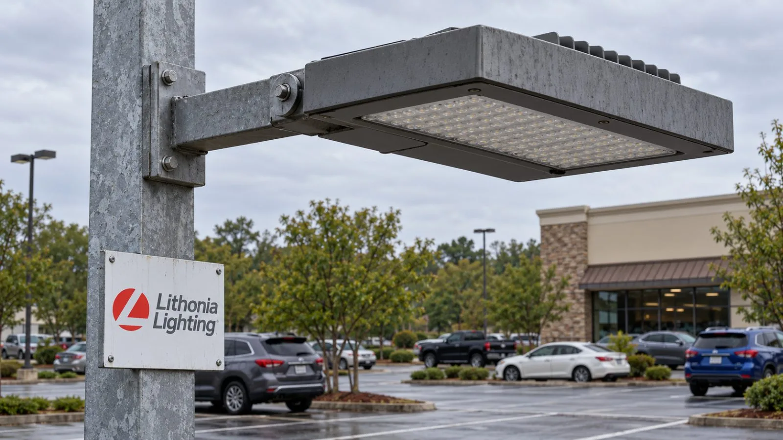 An outdoor area light sits on a pole above a commercial lot in Conyers, Georgia. / EconoTimes.ai