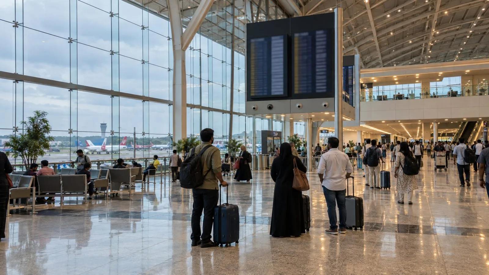 Travelers wait with luggage in the departure hall at Cochin International Airport in Kochi, India. (AI-generated image / EconoTimes)