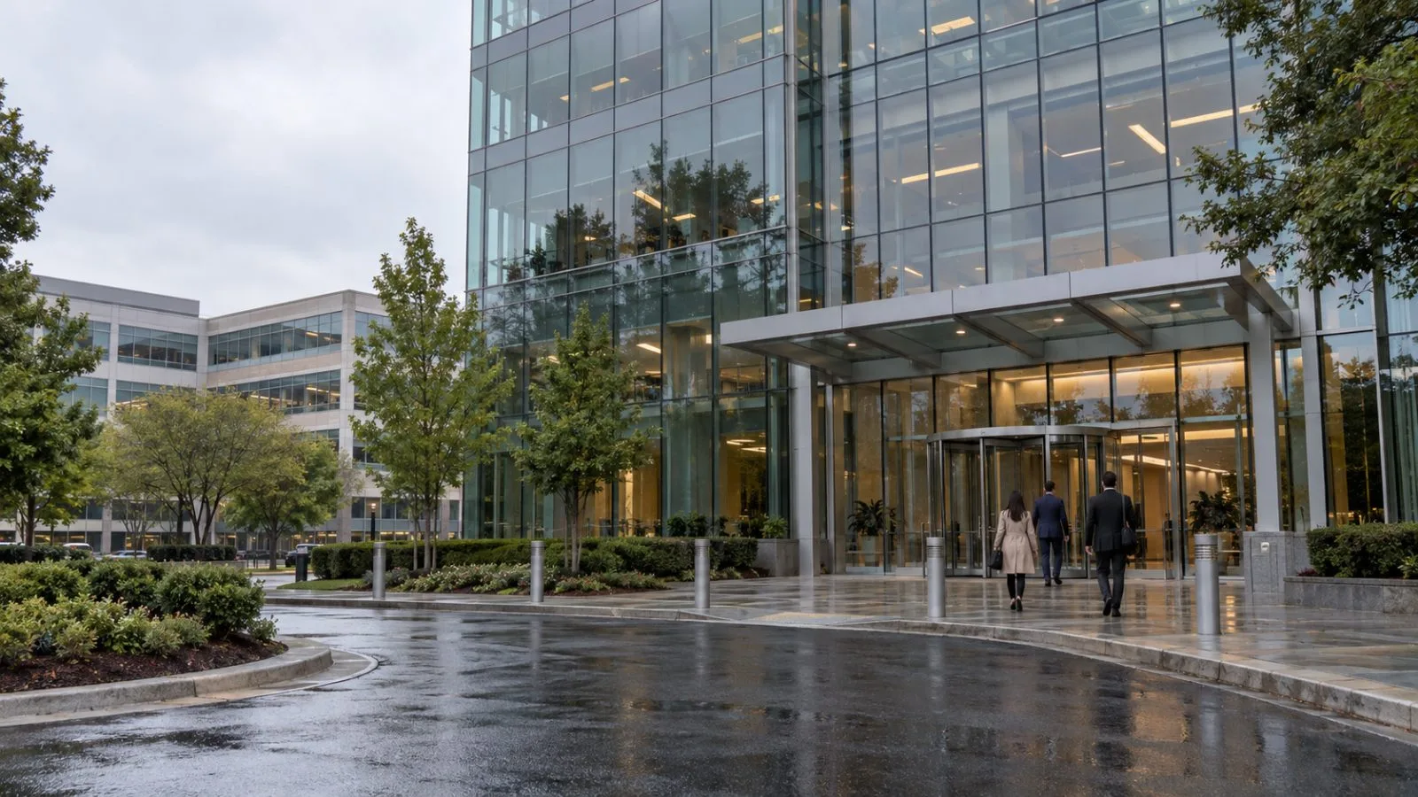 Workers enter a glass office tower on Concourse Parkway in Atlanta, Georgia. (AI-generated image / EconoTimes)