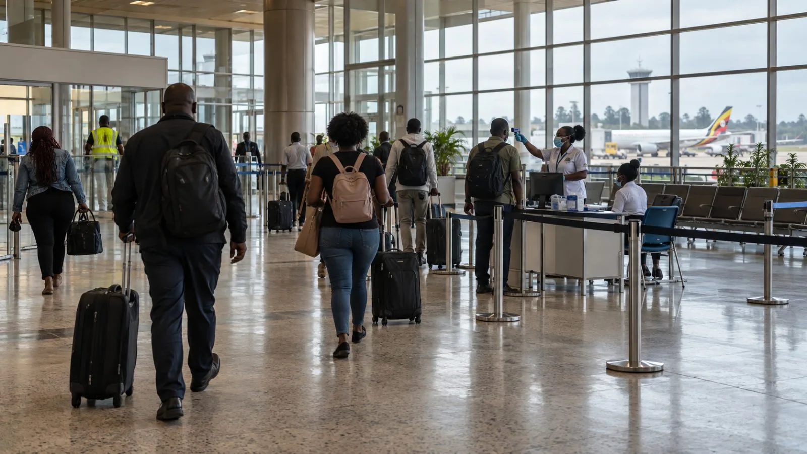 Passengers pass a health screening station at Entebbe International Airport in Uganda. (AI-generated image / EconoTimes)