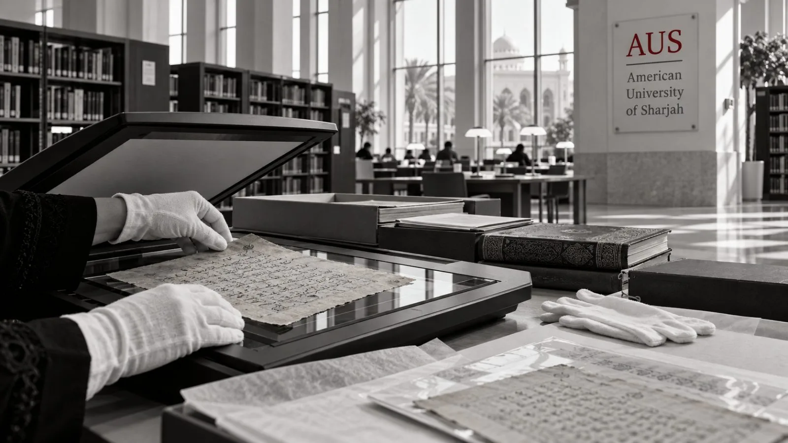 A staff member scans archival material in a university library in Sharjah, United Arab Emirates. / EconoTimes.ai