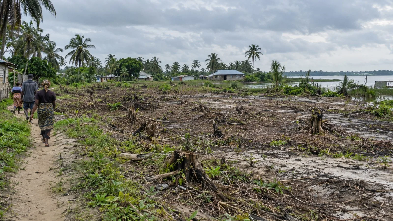 A cleared coastal plot meets a village footpath in Okpoama, Bayelsa State. (AI-generated image / EconoTimes)