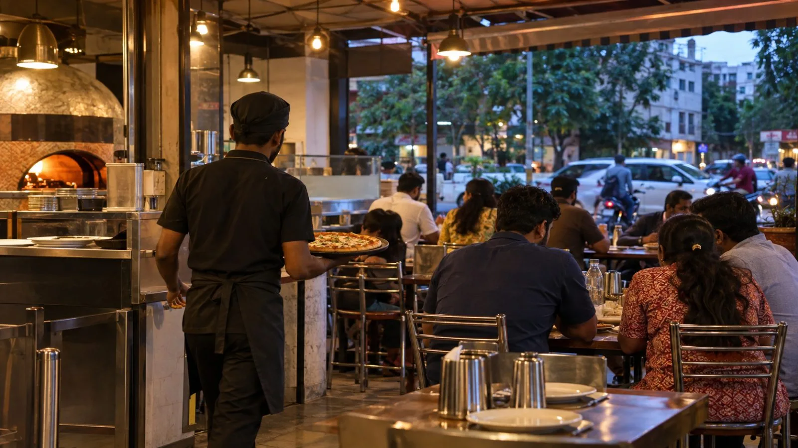Customers share pizza at a neighborhood restaurant in Chennai, India, during evening service. (AI-generated image / EconoTimes)
