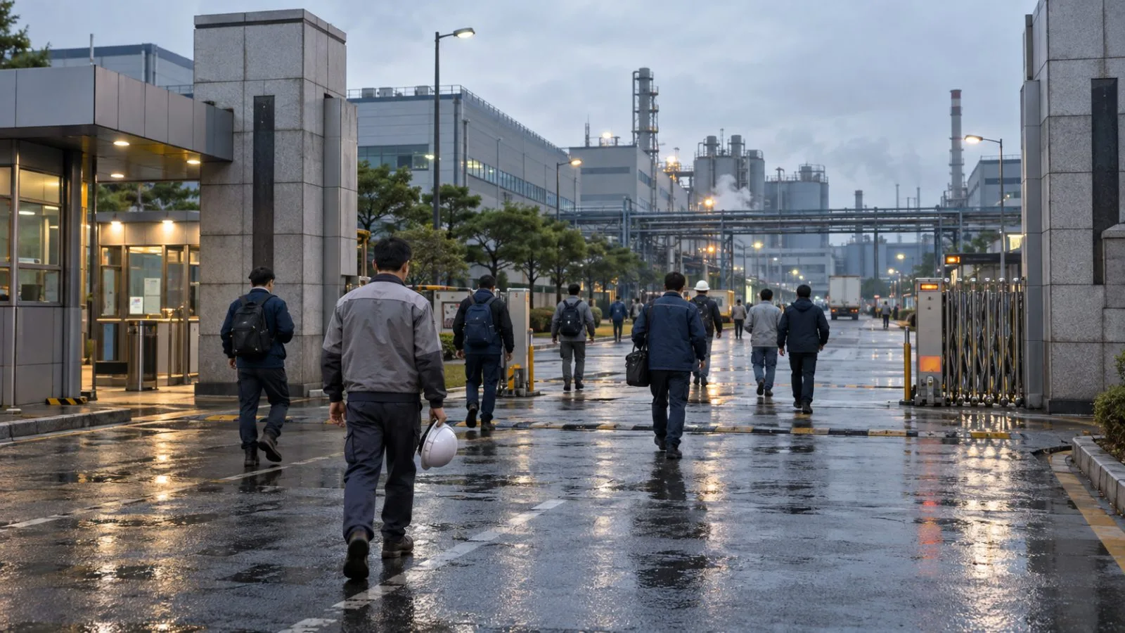 Factory workers enter an industrial site in Ansan, South Korea, at the start of a shift. (AI-generated image / EconoTimes)