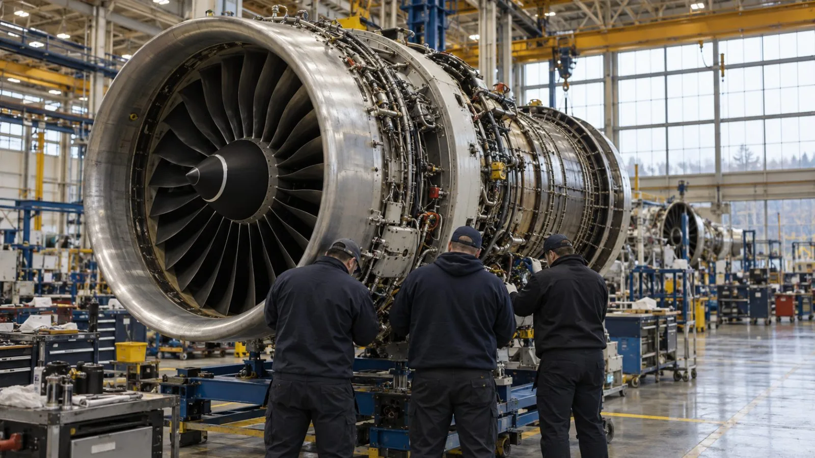 Workers inspect a jet engine on an assembly floor in Evendale, Ohio. (AI-generated image / EconoTimes)
