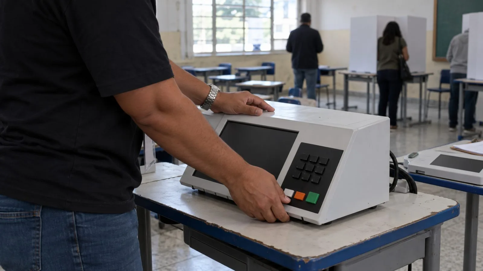 An electronic voting machine is prepared at a public-school polling station in Brasília, Brazil. (AI-generated image / EconoTimes)