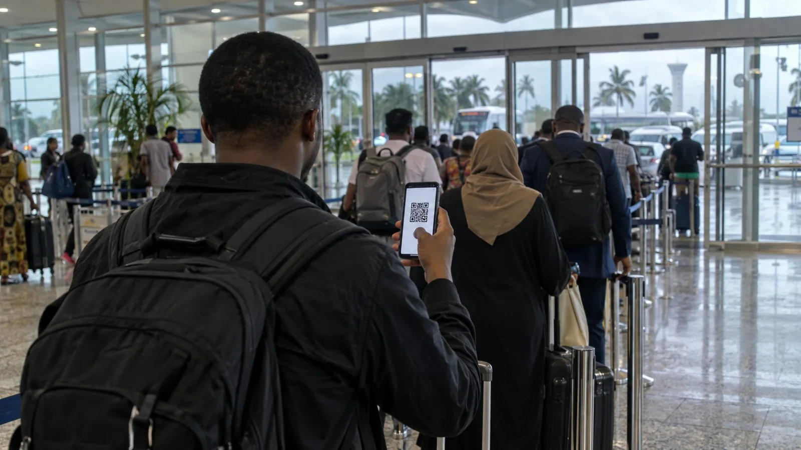 A traveler holds an electronic certificate in arrivals at Dar es Salaam’s Julius Nyerere International Airport. (AI-generated image / EconoTimes)