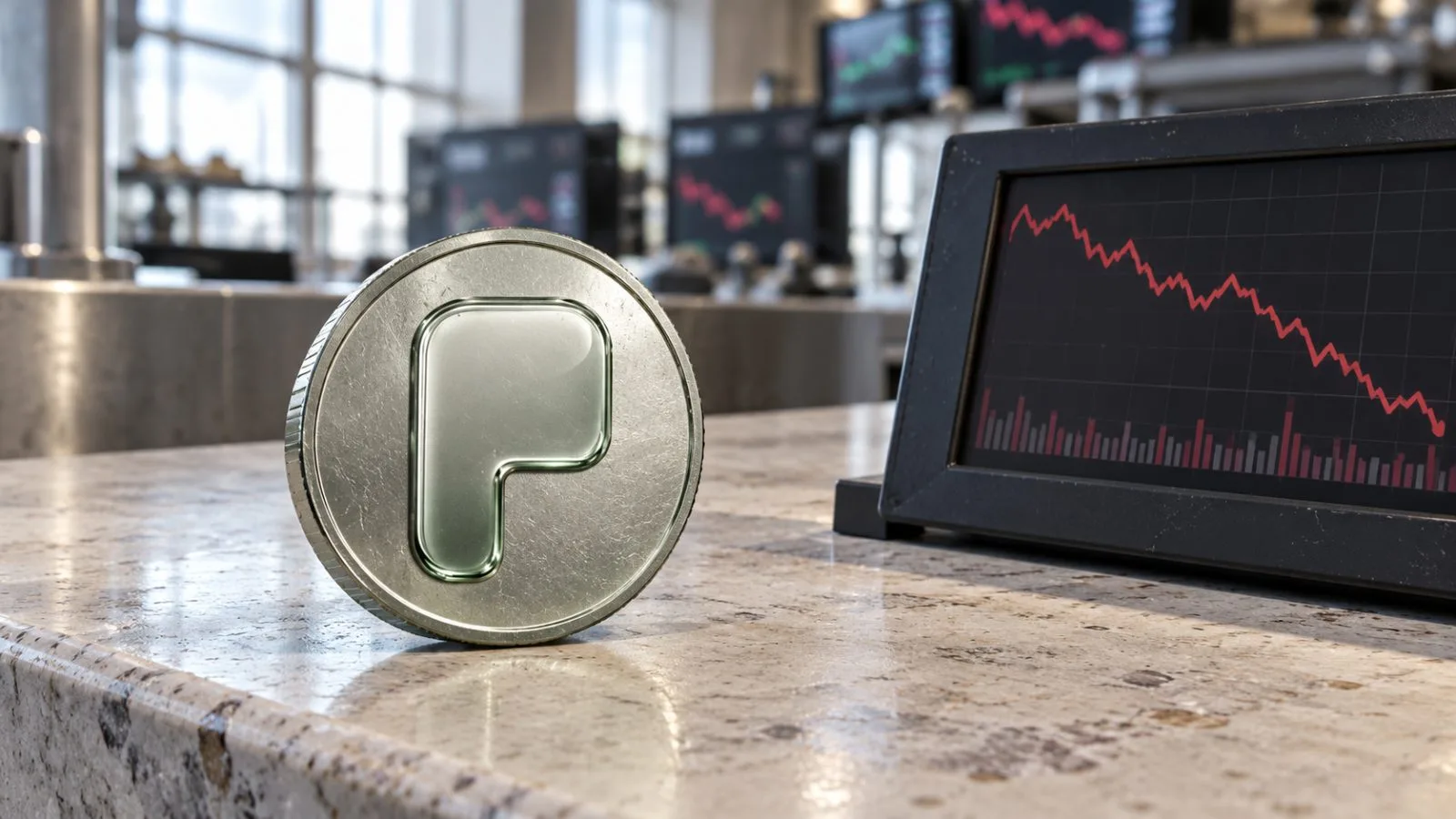 A PONS token rests beside a market ticker panel in an editorial illustration. / EconoTimes.ai