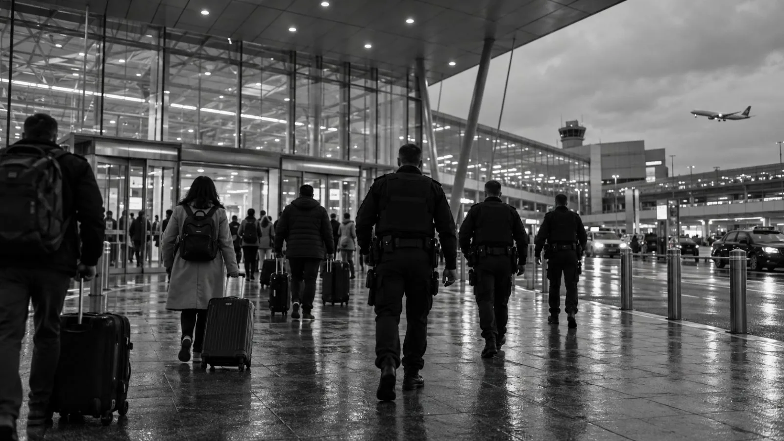Police officers stand near arriving travelers outside Frankfurt Airport in Germany. (AI-generated image / EconoTimes)