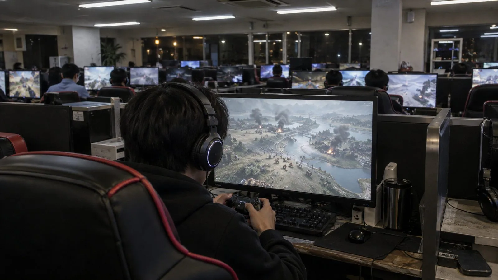 A player grips a controller before a military game screen in a Seoul gaming room. (AI-generated image / EconoTimes)