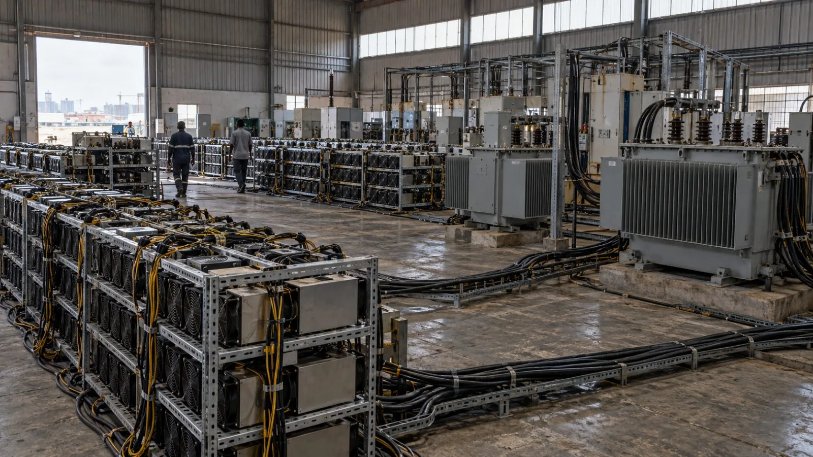 Cryptocurrency-mining devices and electrical equipment sit inside an industrial warehouse in Luanda, Angola. (AI-generated image / EconoTimes)