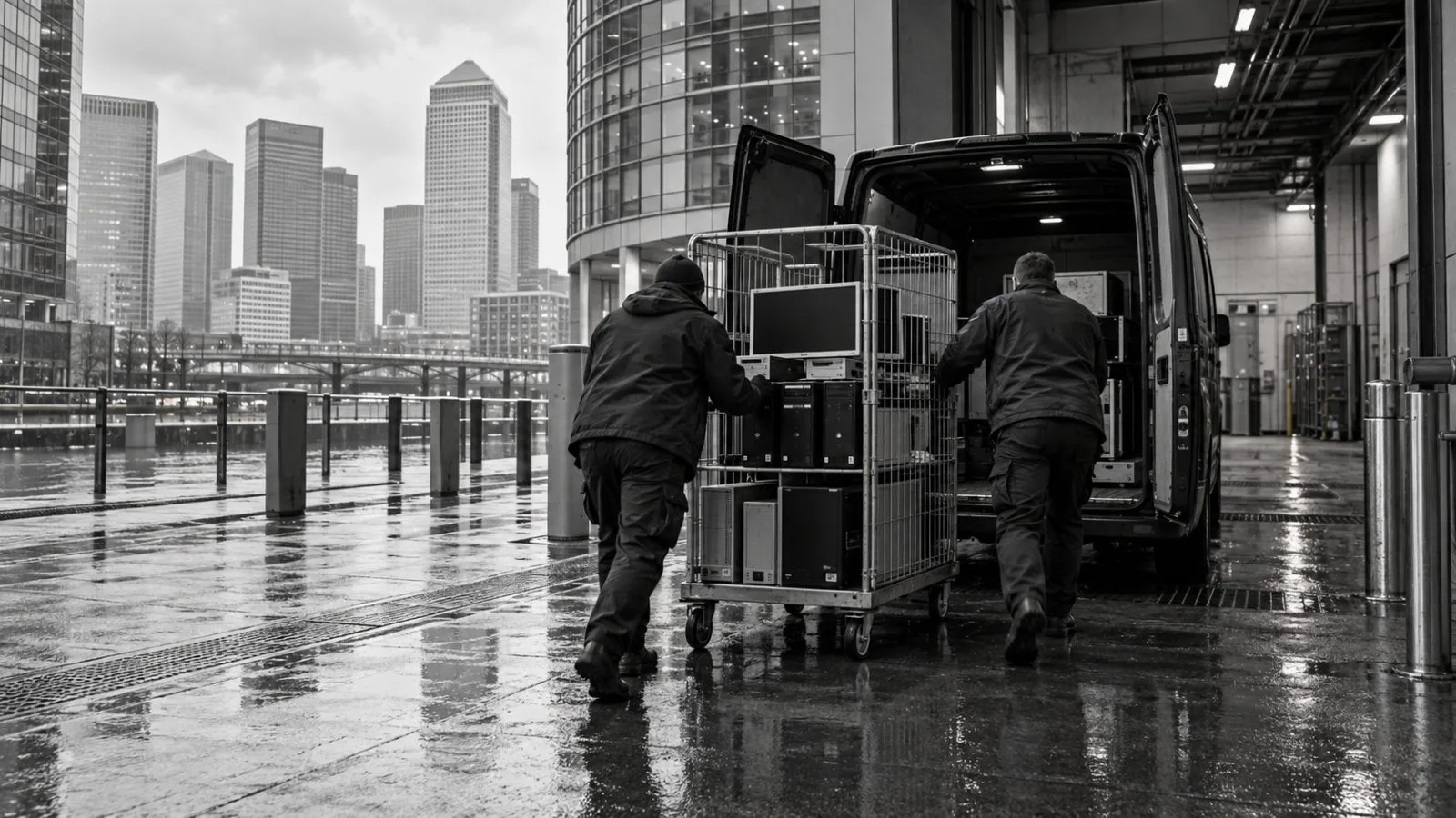 Workers move desktop computers through a loading bay in London’s Canary Wharf district. (AI-generated image / EconoTimes)