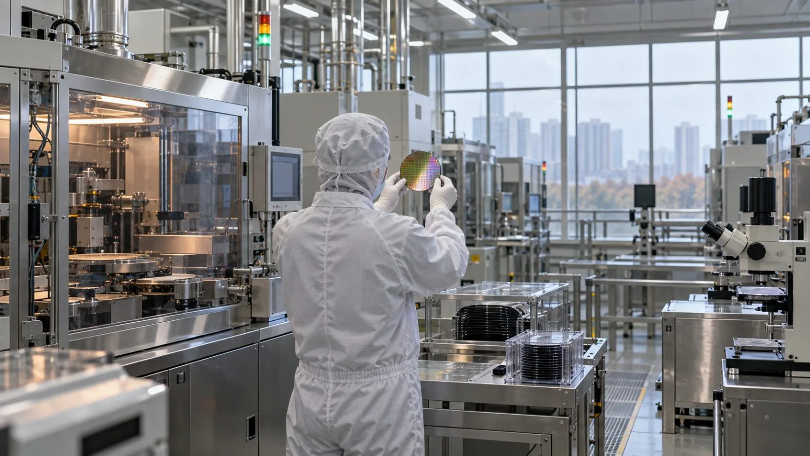 A technician inspects a semiconductor wafer at a manufacturing plant in Tongzhou, Beijing. (AI-generated image / EconoTimes)