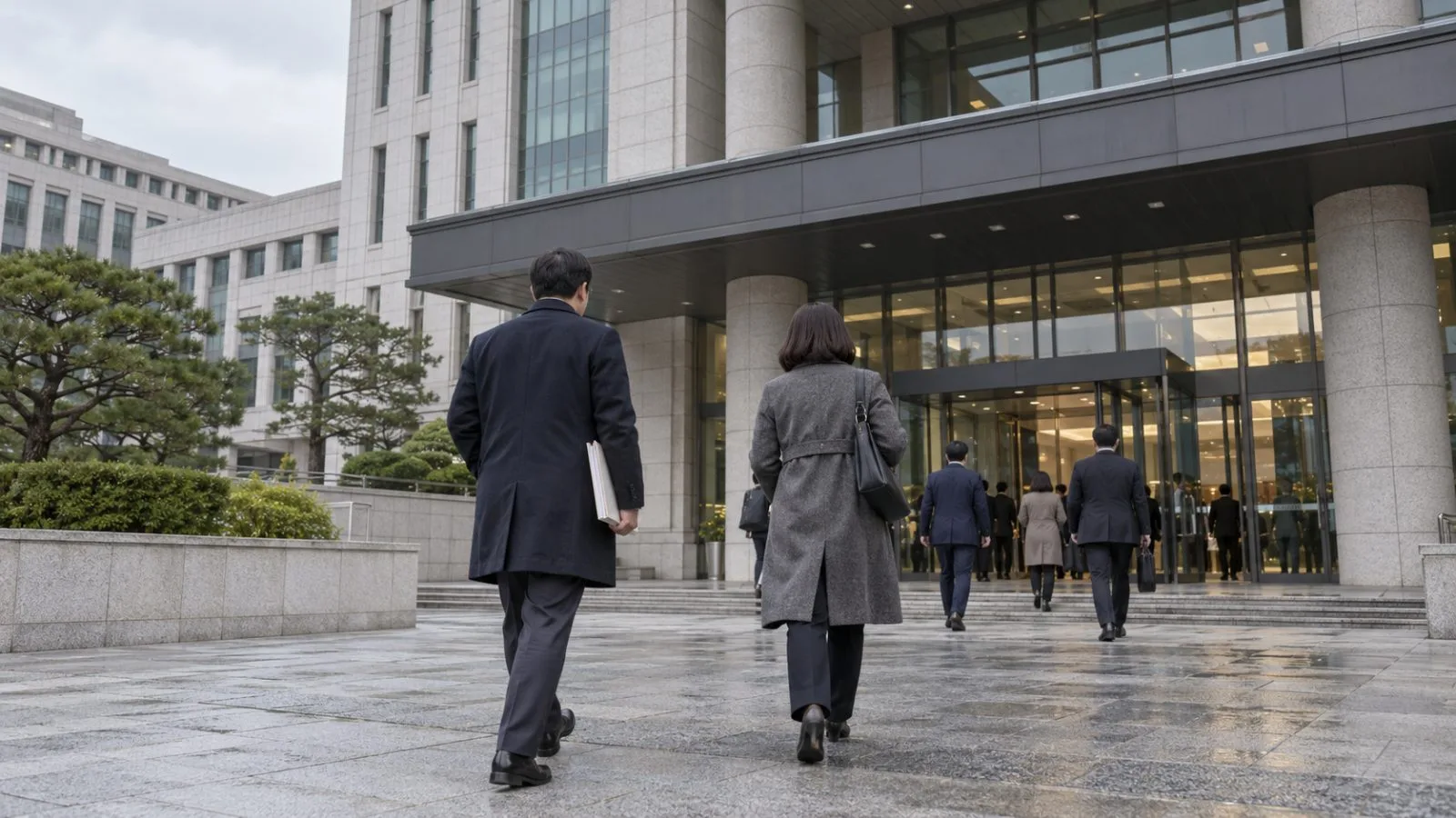 Attendees enter Government Complex Seoul on an overcast morning in Seoul, South Korea. (AI-generated image / EconoTimes)