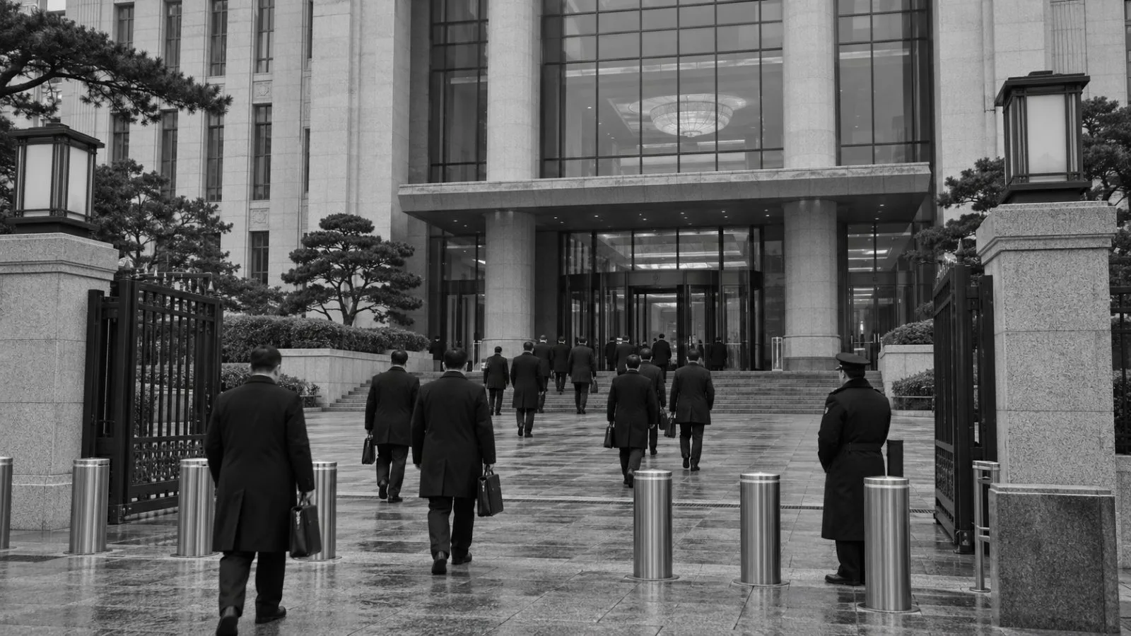 Delegates enter a government building in Beijing, China, on an overcast morning. (AI-generated image / EconoTimes)