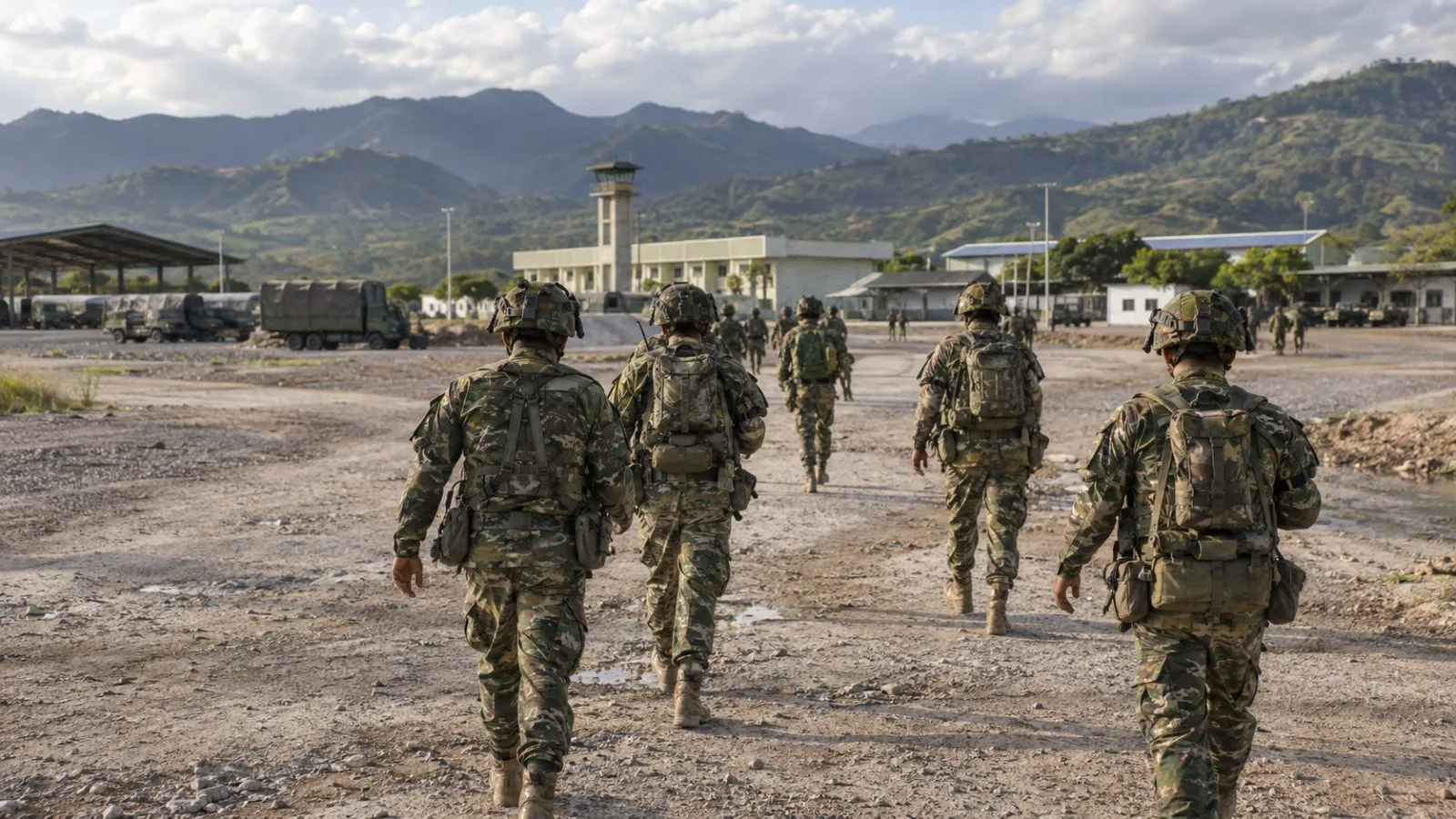 Soldiers move across a training ground at Tolemaida military base in Colombia. (AI-generated image / EconoTimes)
