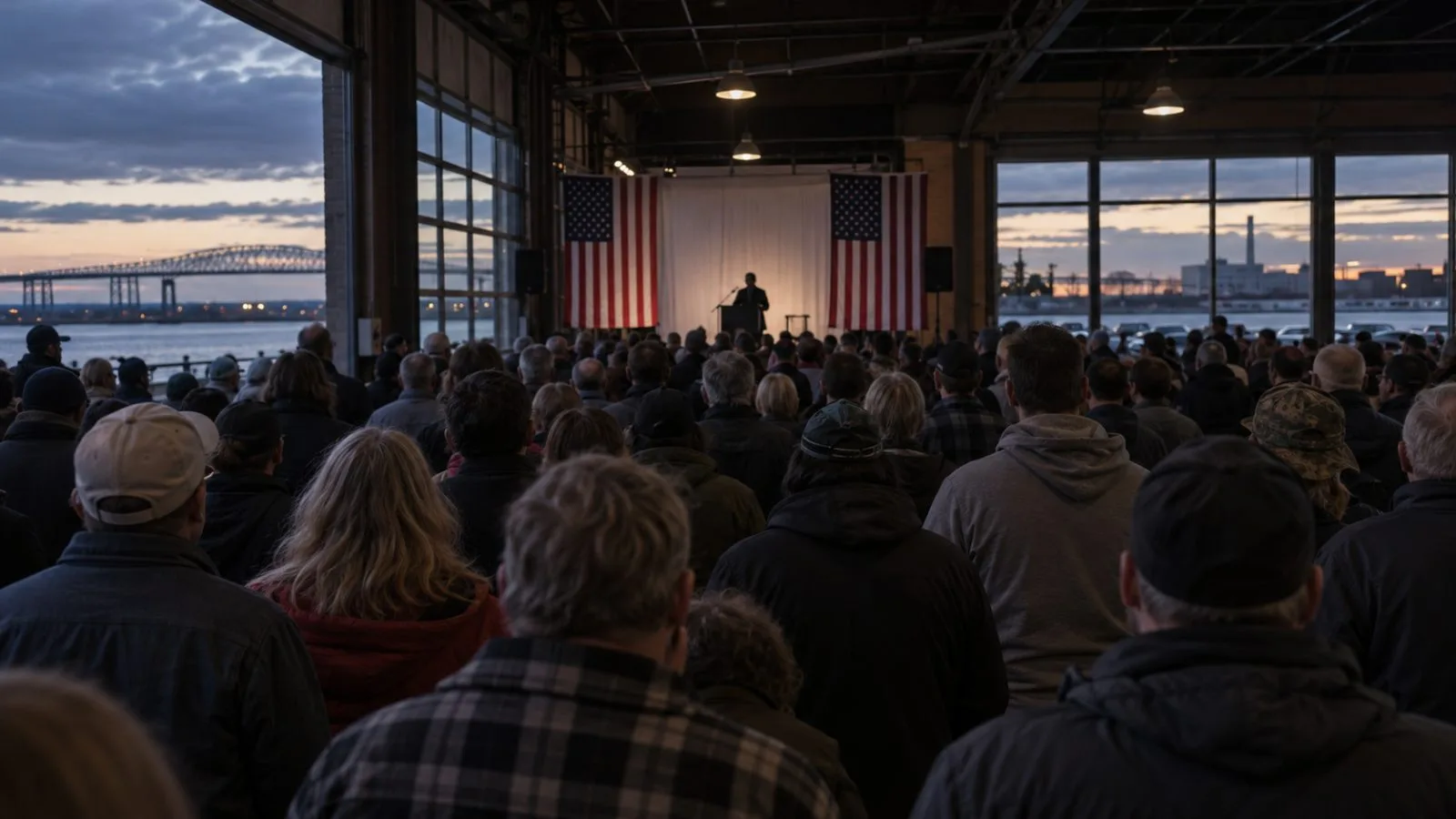 Attendees face a campaign stage during a rally in Port Huron, Michigan (AI-generated image / EconoTimes)