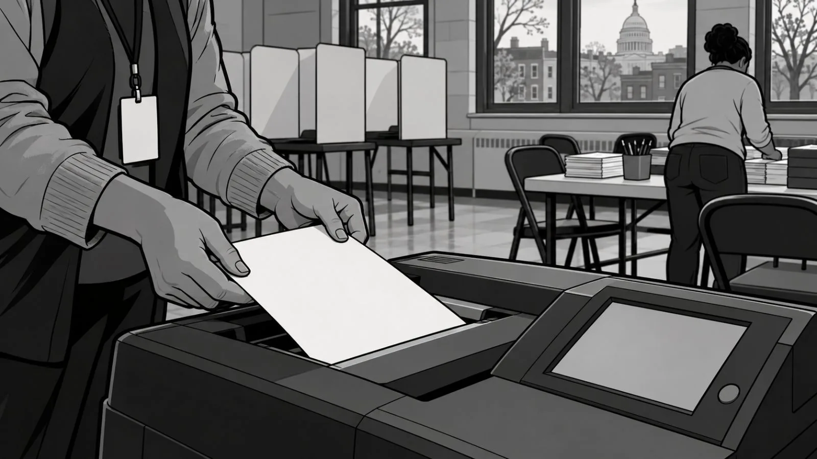 An election worker prepares a ballot scanner at a polling station in Washington, D.C. (AI-generated image / EconoTimes)