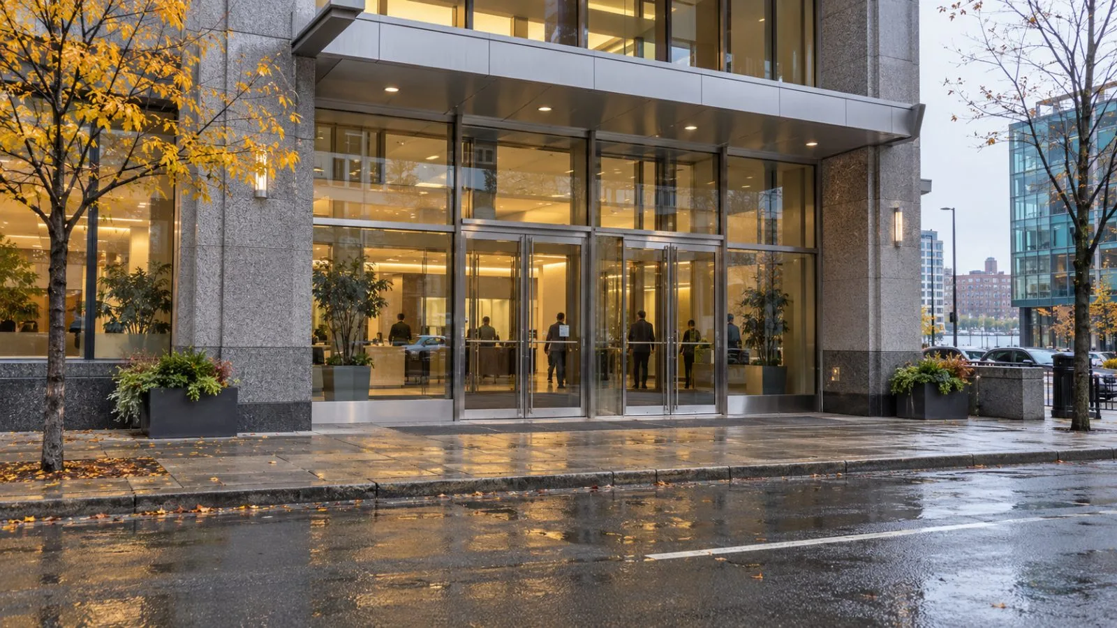Staff silhouettes are visible through the entrance of Nova Scotia Power's Lower Water Street office in Halifax. (AI-generated image / EconoTimes)