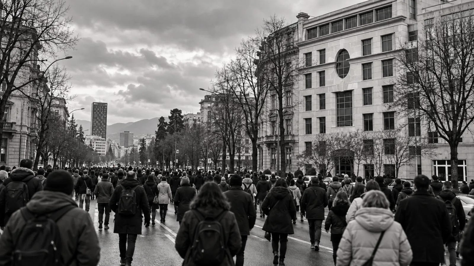 Demonstrators move along a street in central Tirana, Albania, under overcast skies. / EconoTimes.ai