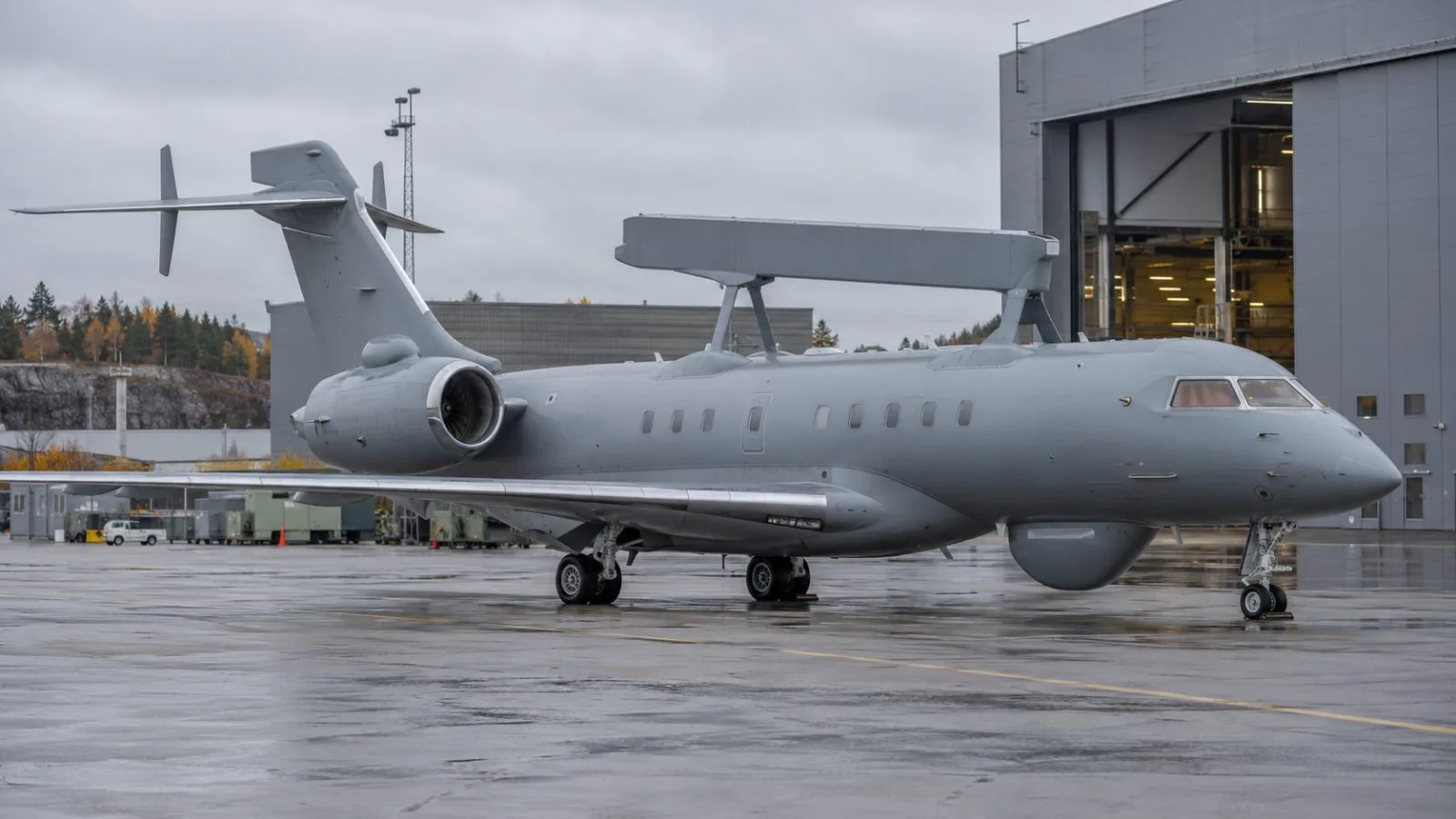 The first Swedish GlobalEye aircraft sits outside a Saab hangar in Linköping, Sweden. (AI-generated image / EconoTimes)