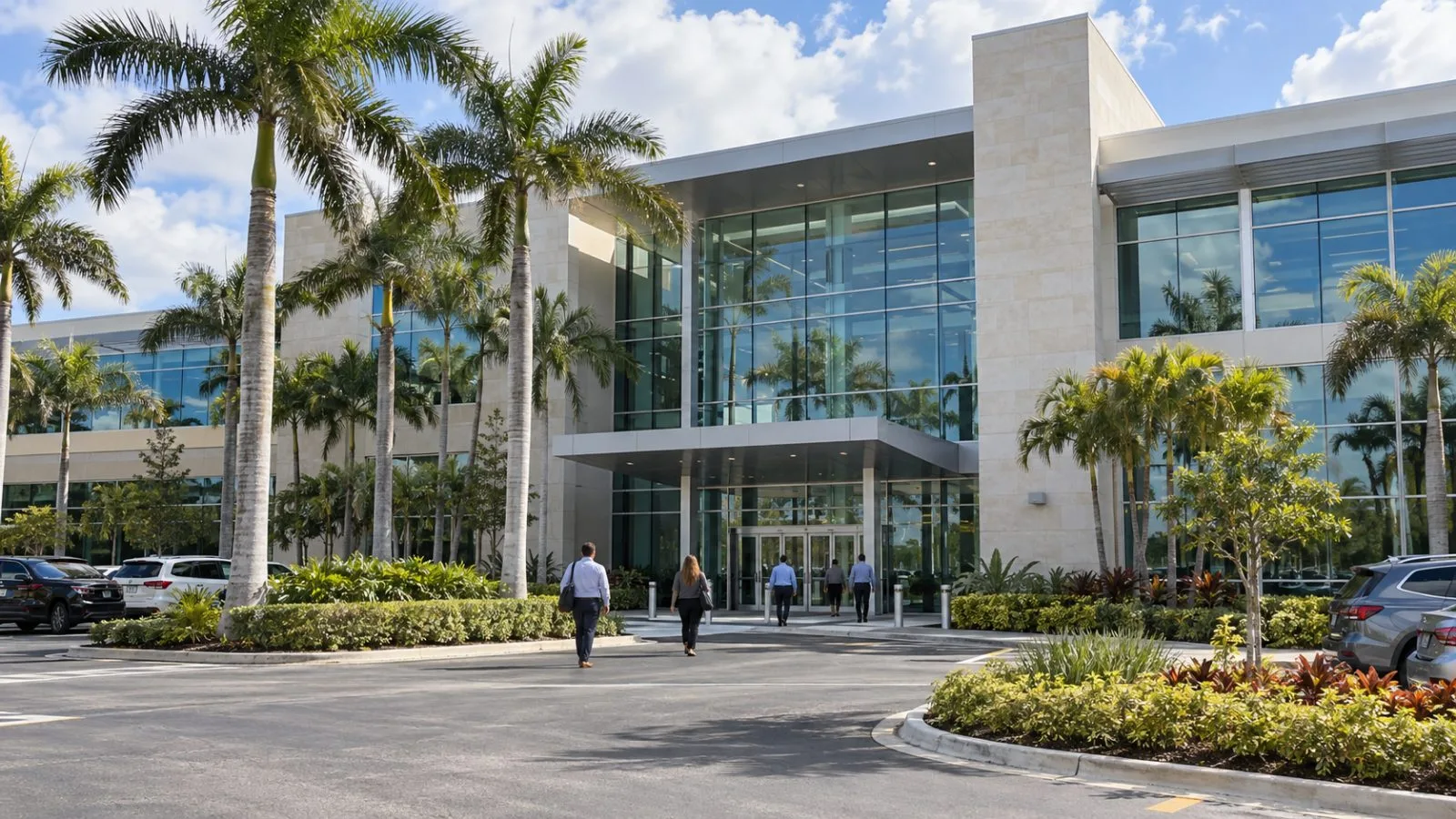 Palm trees frame an office entrance in Juno Beach, Florida, after a coastal shower / EconoTimes.ai