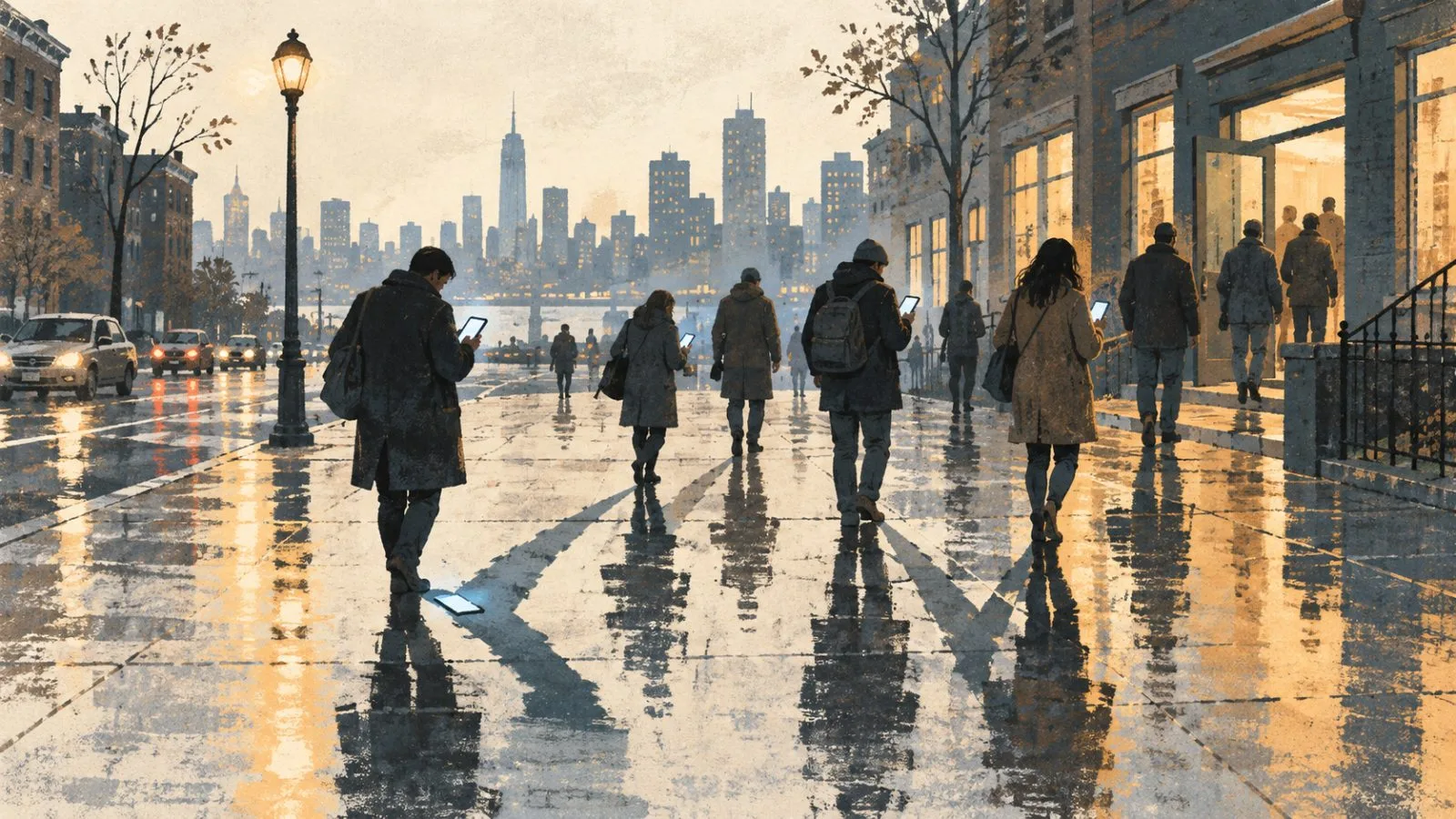 Commuters pause over their phones on a New York City sidewalk at dusk. (AI-generated image / EconoTimes)