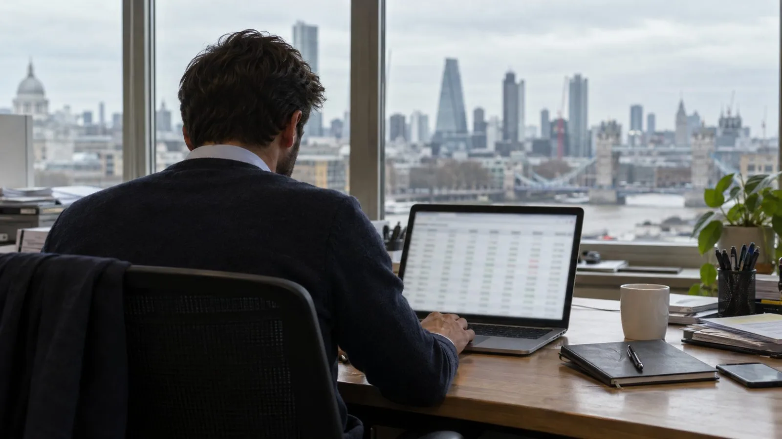 A worker reviews a laptop inside a London investment office. (AI-generated image / EconoTimes)