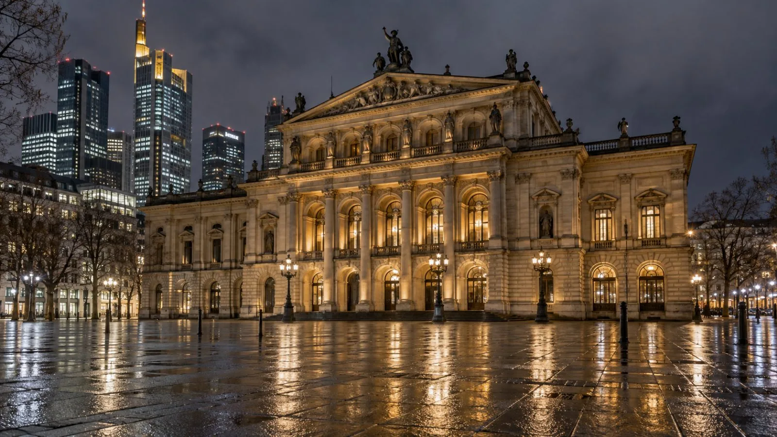 The Frankfurt Stock Exchange facade faces rain-darkened paving at Börsenplatz in Frankfurt, Germany. (AI-generated image / EconoTimes)