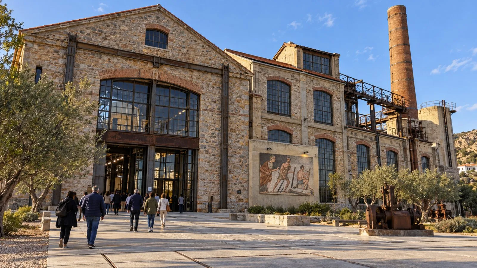 Visitors approach the former power station at Lavrio Technological and Cultural Park, Greece. / EconoTimes.ai