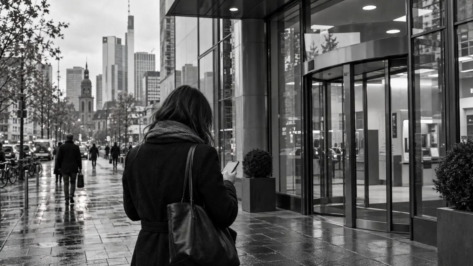 A customer uses a smartphone outside a savings bank branch in Frankfurt, Germany. (AI-generated image / EconoTimes)
