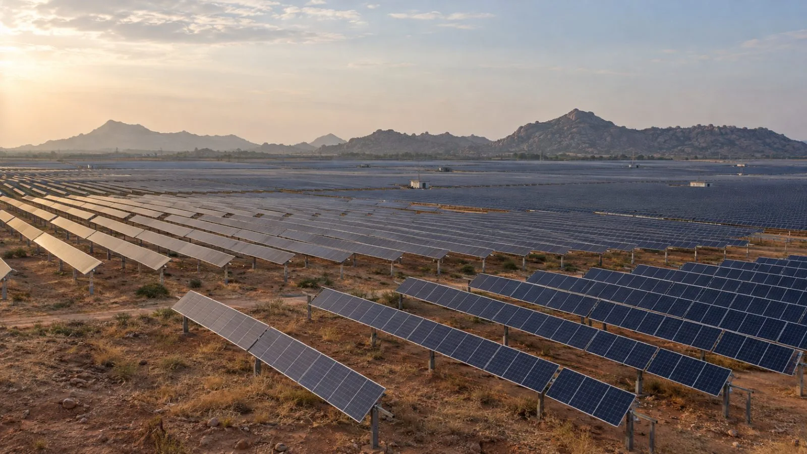 Solar panels stretch across Pavagada Solar Park in Karnataka beneath the late afternoon sun. (AI-generated image / EconoTimes)