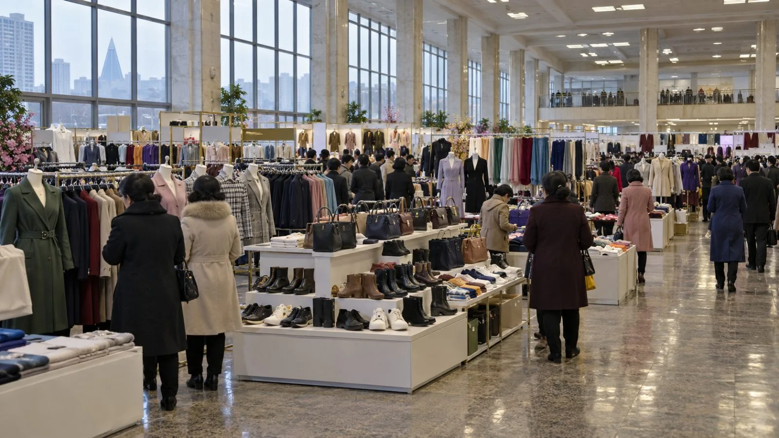 Visitors inspect garments and shoes at an exhibition in Pyongyang, North Korea. (AI-generated image / EconoTimes)