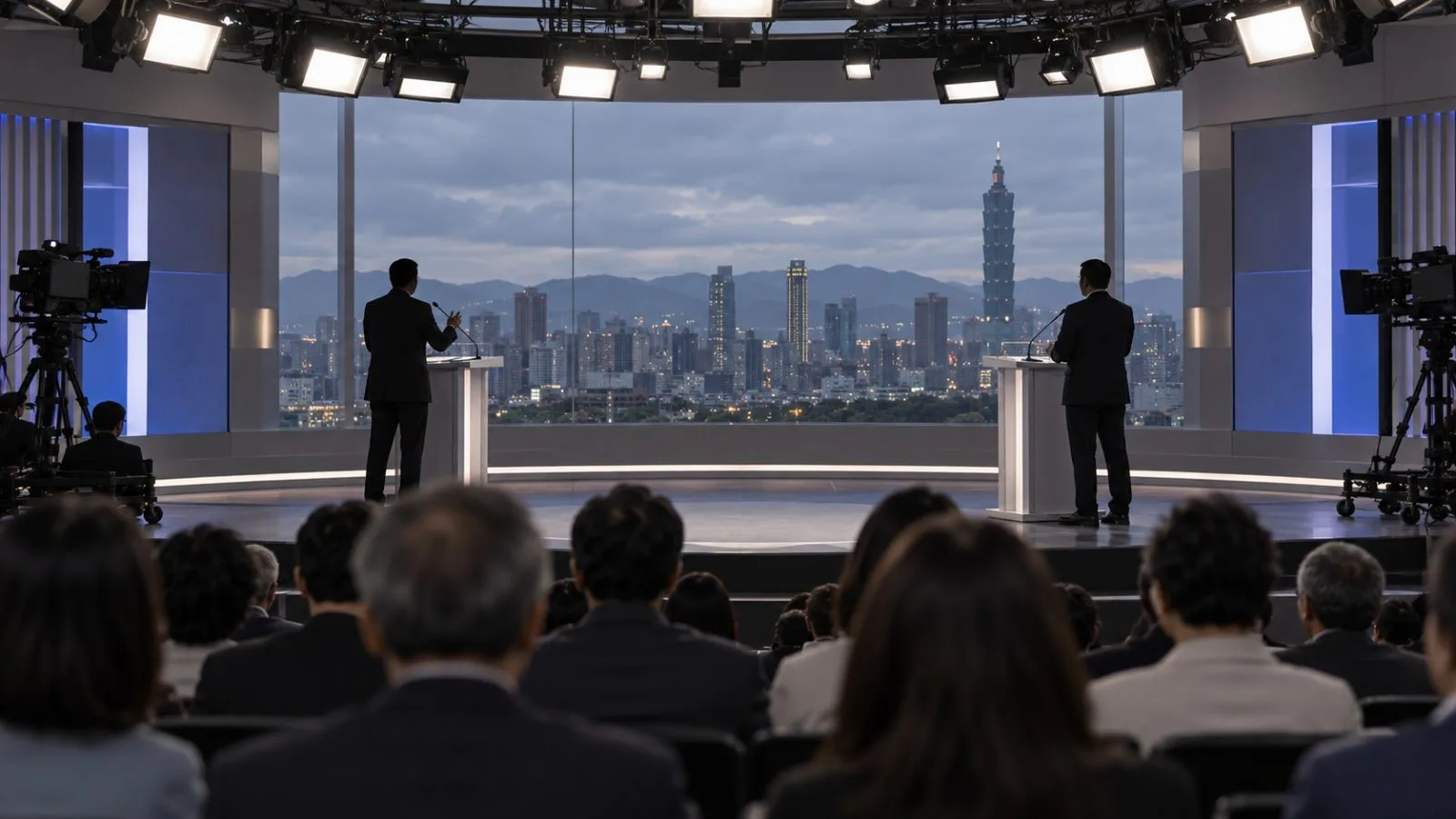 Two candidates face each other on a debate stage in Taipei, Taiwan. (AI-generated image / EconoTimes)