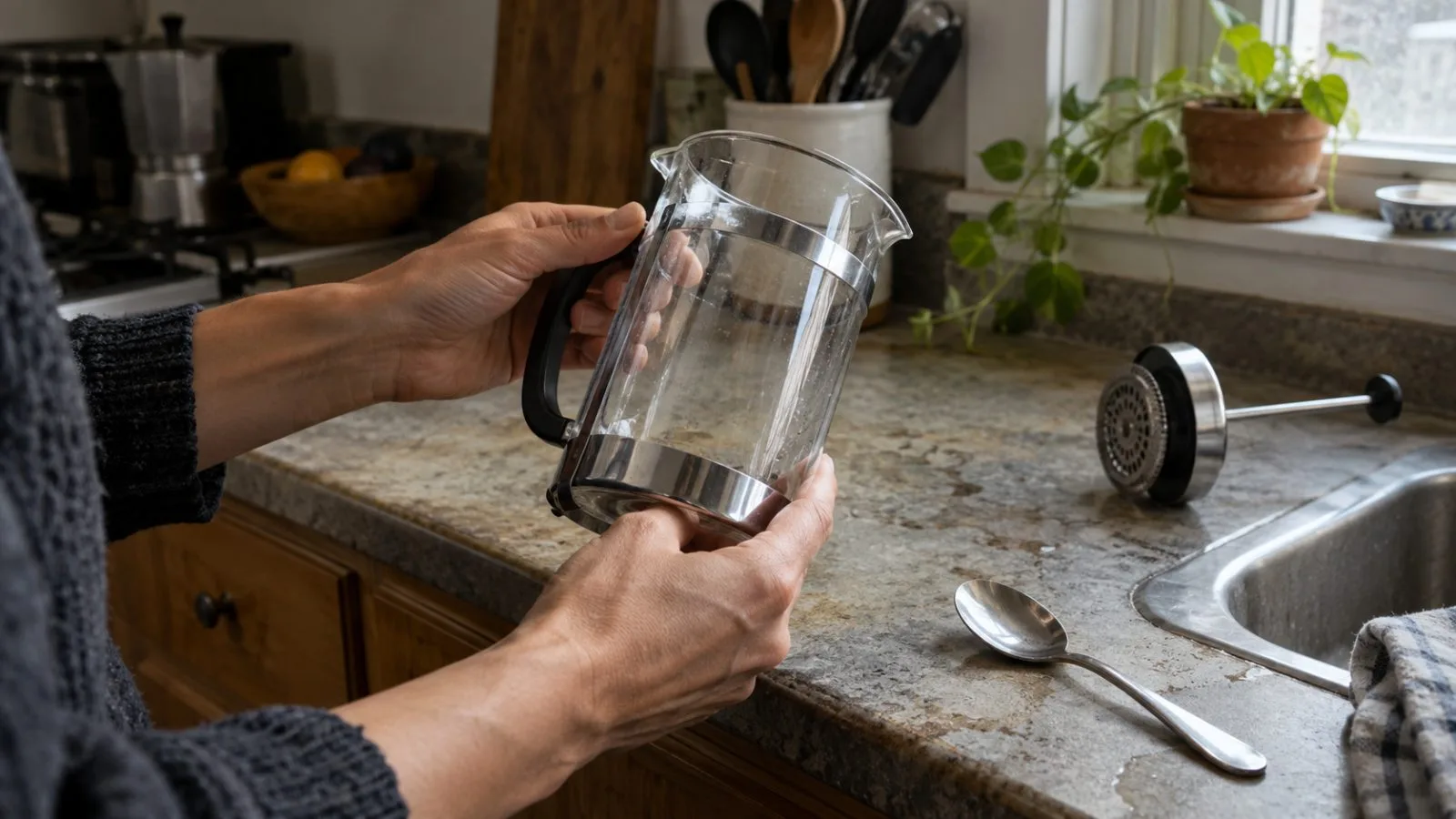 Hands inspect a glass French press beside a metal spoon on a kitchen counter in Washington, D.C. (AI-generated image / EconoTimes)