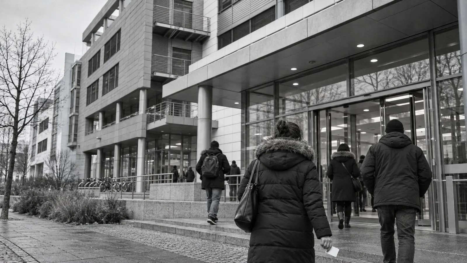 Visitors enter Berlin's immigration office in Germany on an overcast morning. / EconoTimes.ai