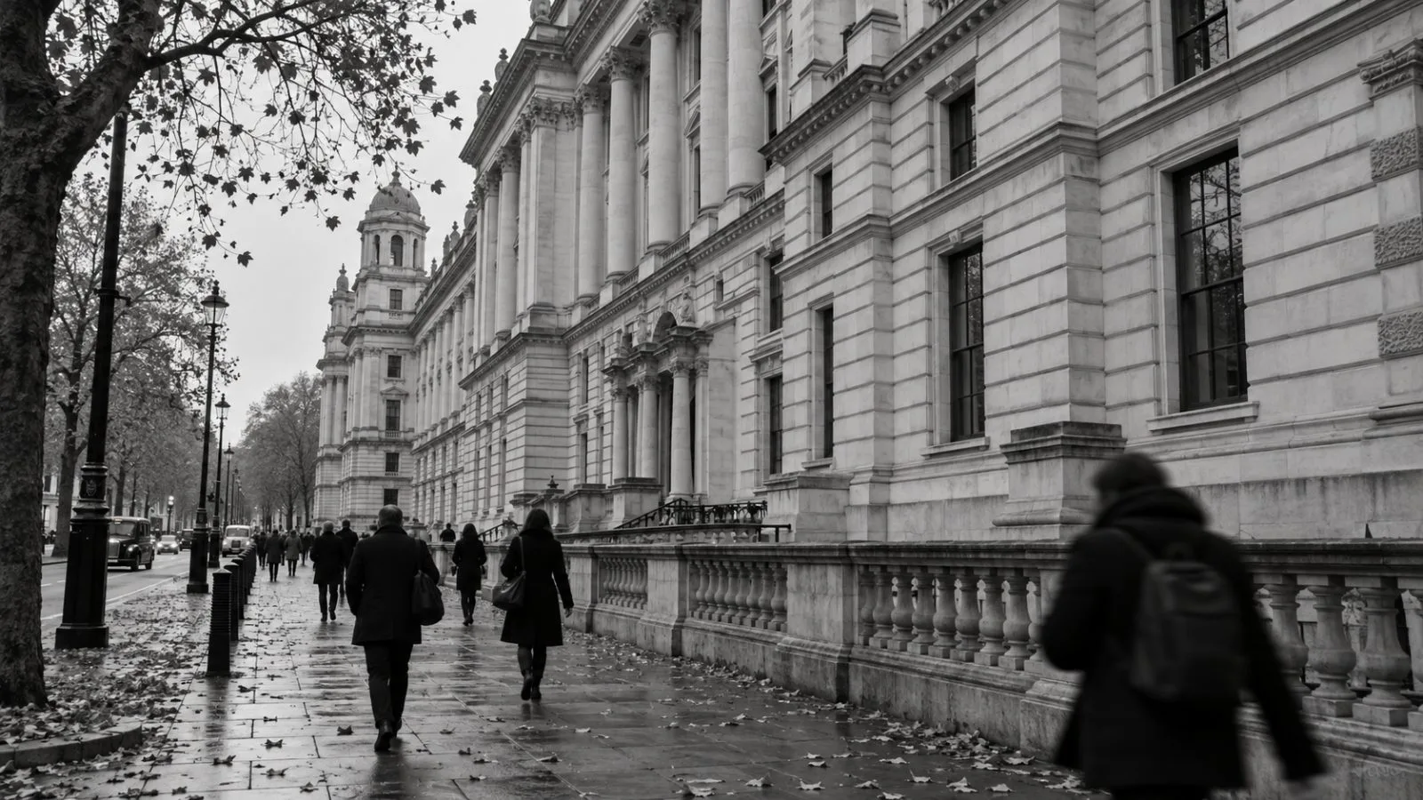 Pedestrians pass HM Treasury in London on an overcast autumn morning. (AI-generated image / EconoTimes)