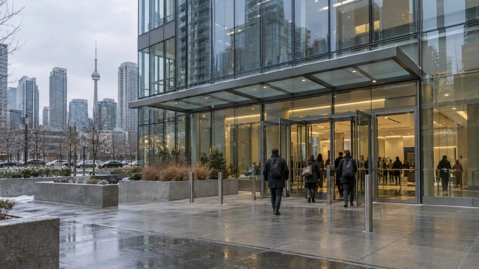 Employees enter a glass-fronted healthcare technology office in Toronto, Ontario. (AI-generated image / EconoTimes)