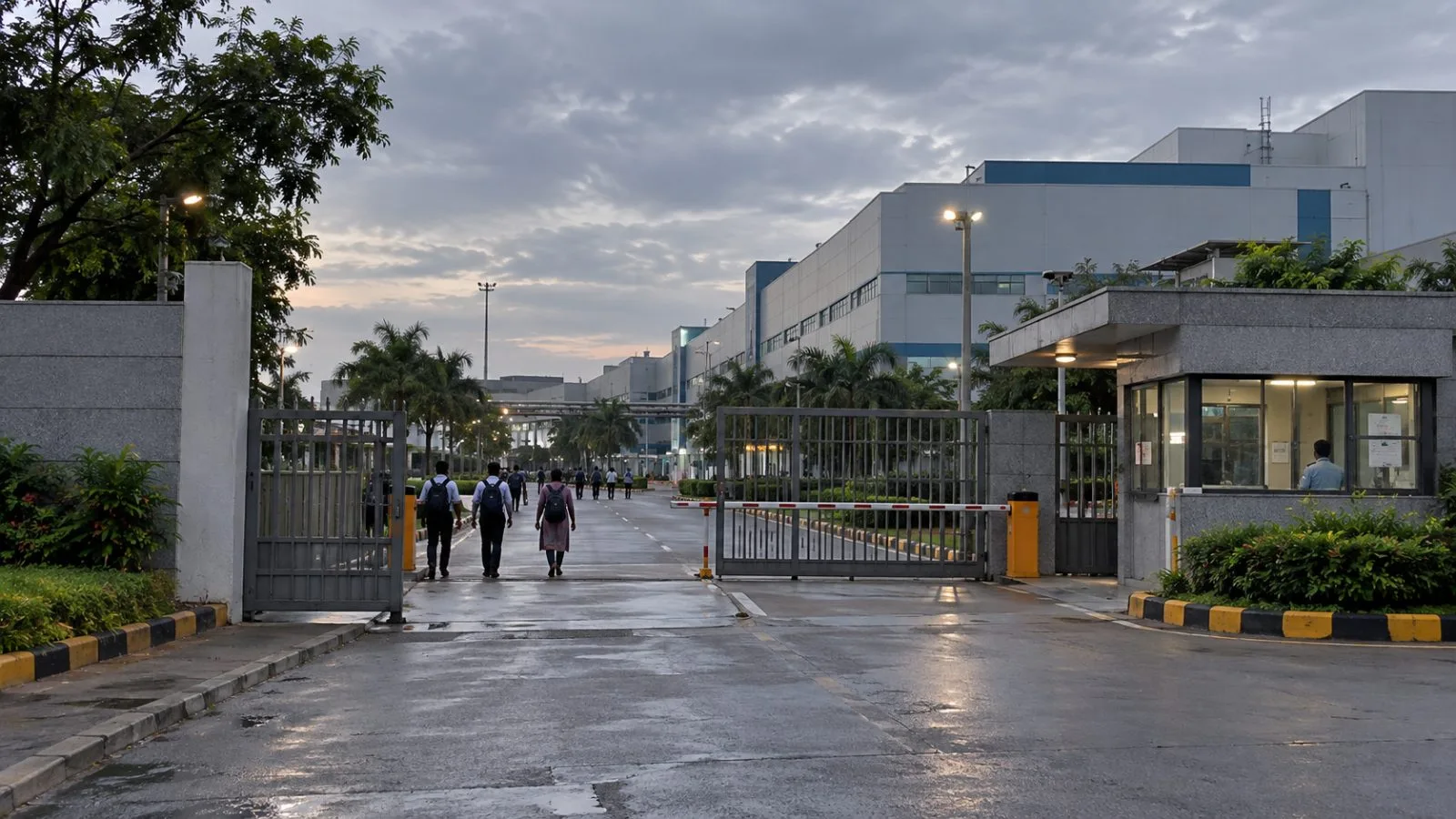 Employees enter an industrial campus in Bengaluru, India, in the evening. (AI-generated image / EconoTimes)