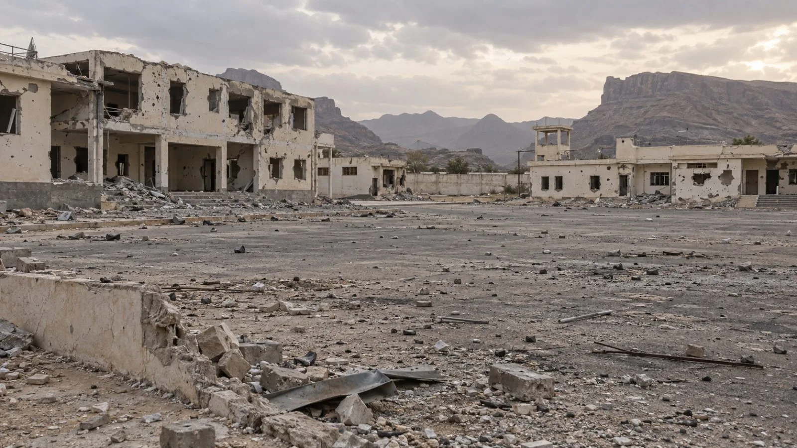 Debris lies across a government training compound in Yemen’s Shabwa Governorate after a strike. (AI-generated image / EconoTimes)